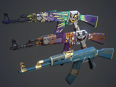 Decorated Rifles With Colorful Graffiti Skull Patterns Gold Accents And Blue Details 3d model