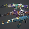 Decorated Rifles With Colorful Graffiti Skull Patterns Gold Accents And Blue Details