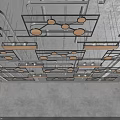 Modern Ceiling Design With Black Grid Frames Circular Wooden Decorations And Hanging Light Fixtures