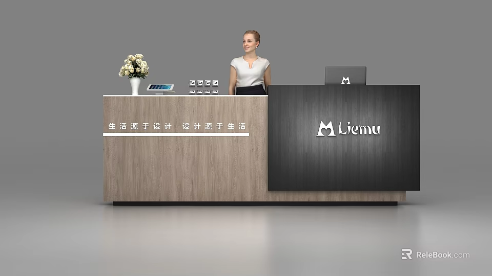 Modern Reception Desk with Wooden Top Black Panel Liemu Logo Female Receptionist Tablet Flower Vase 3d model 