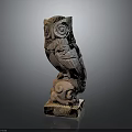 Hand Carved Stone Owl Sculpture With Intricate Feather Patterns And Decorative Base