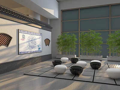 Tranquil Chinese Style Leisure Area With Round Cushions Bamboo Plants And Large Windows 3d model