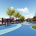 Public Plaza With Central Red Decorative Element Surrounding Red Structures Paved Ground And Lush Greenery
