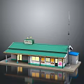 Small Building With Green Roof White Walls Windows Antenna And Sign
