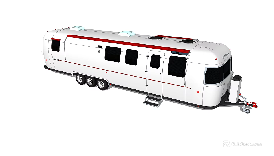White Recreational Vehicle With Red Stripe Multiple Windows Door And Ladder 3d model 