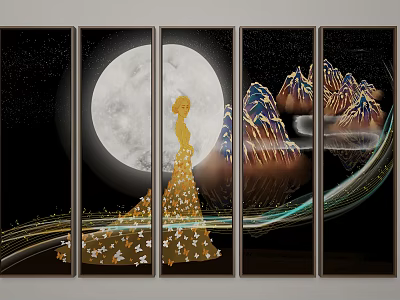 Multi Panel Wall Art With Golden Female Silhouette Full Moon Mountain And Glowing Lines 3d model
