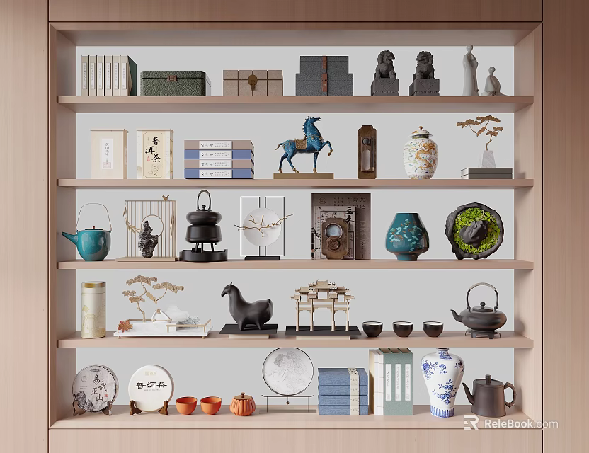 Decorative Ornament Collection With Ceramic Vases Teapots Horse Figurine Plates And Books On Wooden Shelf 3d model 
