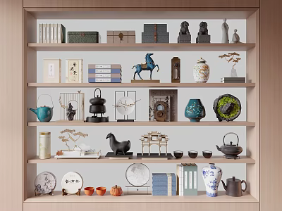 Decorative Ornament Collection With Ceramic Vases Teapots Horse Figurine Plates And Books On Wooden Shelf 3d model