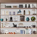 Decorative Ornament Collection With Ceramic Vases Teapots Horse Figurine Plates And Books On Wooden Shelf