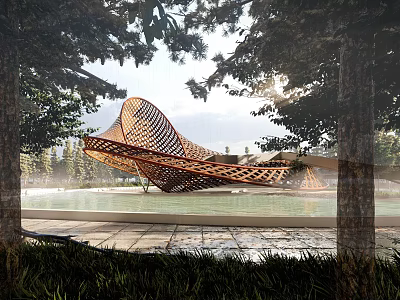 Beautiful Park Landscape With Lush Trees Curved Wooden Structure And Reflective Water Surface 3d model