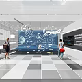 Modern Technology Exhibition Hall With Interactive Digital Screens Data Visualization And Visitors White Grid Walls 3d model