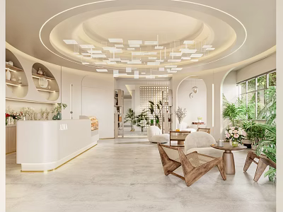 Modern Beauty and Hair Salon Interior With Stylish Seating Green Plants and Reception Area 3d model