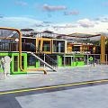 Modern Museum Building With Colorful Yellow Green Structures And Open Exhibition Space