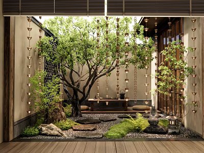 Lush Courtyard Garden With Large Tree Hanging Decorations Stone Pathway And Wooden Flooring 3d model