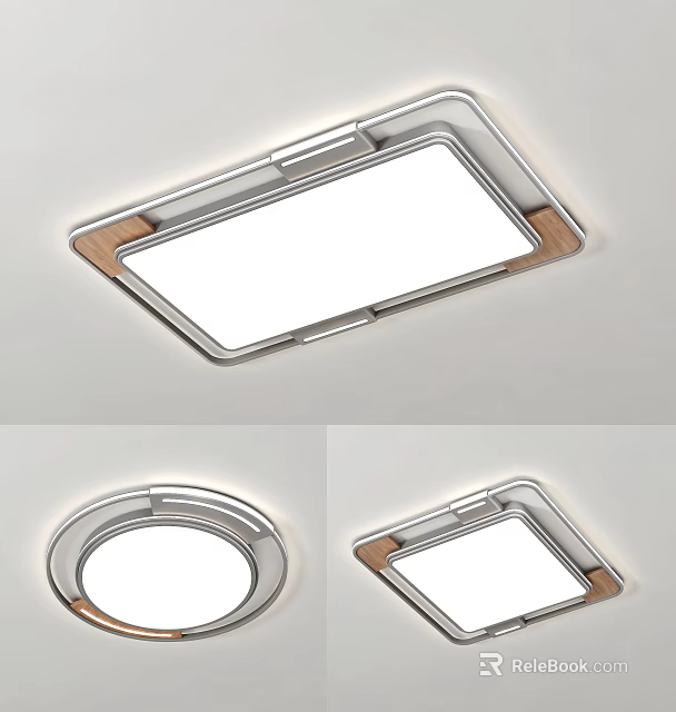 Modern Ceiling Light With Square And Round Shapes Silver Frame Wooden Accents 3d model