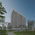 Modern High Rise Residential Building With Glass Curtain Walls And Lush Green Surroundings