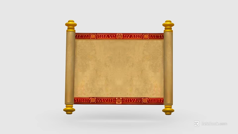 Ancient Decorative Scroll With Golden Rods And Red Ornate Borders On Blank Parchment 3d model 