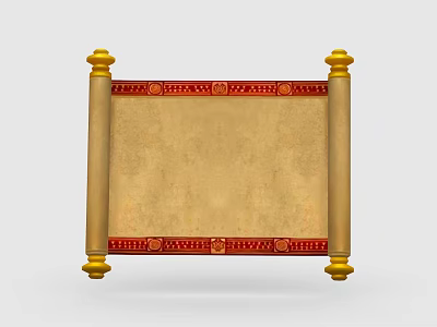 Ancient Decorative Scroll With Golden Rods And Red Ornate Borders On Blank Parchment 3d model