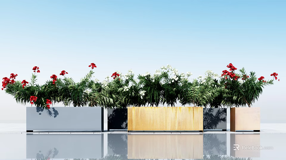 Outdoor Garden Ornaments With Red White Flowers Green Plants And Colorful Planters 3d model 