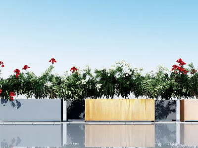 Outdoor Garden Ornaments With Red White Flowers Green Plants And Colorful Planters 3d model