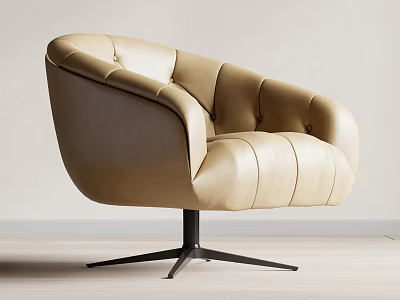 Beige Leather Accent Chair With Curved Backrest And Stitched Details On Black Metal Swivel Base 3d model