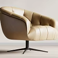 Beige Leather Accent Chair With Curved Backrest And Stitched Details On Black Metal Swivel Base