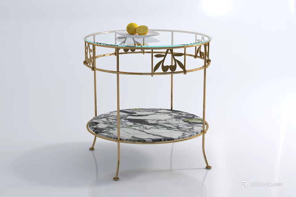 Round Coffee Table With Glass Top Gold Metal Frame Olive Leaf Motifs And Marble Shelf 3d model 