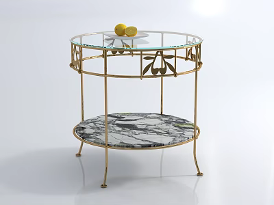 Round Coffee Table With Glass Top Gold Metal Frame Olive Leaf Motifs And Marble Shelf 3d model