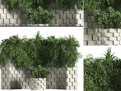 Lush Green Plants Growing On Gray Stone Wall Vertical Garden Design 3d model