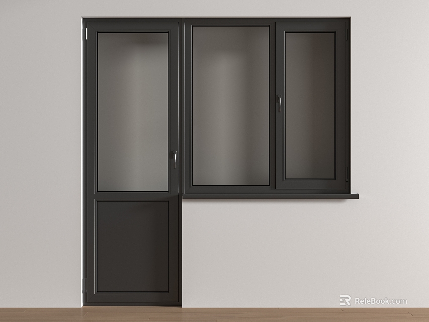Black Window With Three Glass Panes And Door On White Wall Wooden Floor 3d model 