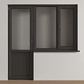 Black Window With Three Glass Panes And Door On White Wall Wooden Floor