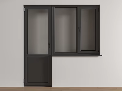 Black Window With Three Glass Panes And Door On White Wall Wooden Floor 3d model