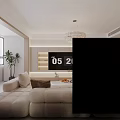 Modern Dining and Living Room Interior With White Sofa Brown Cushions Open Kitchen Checkered Rug