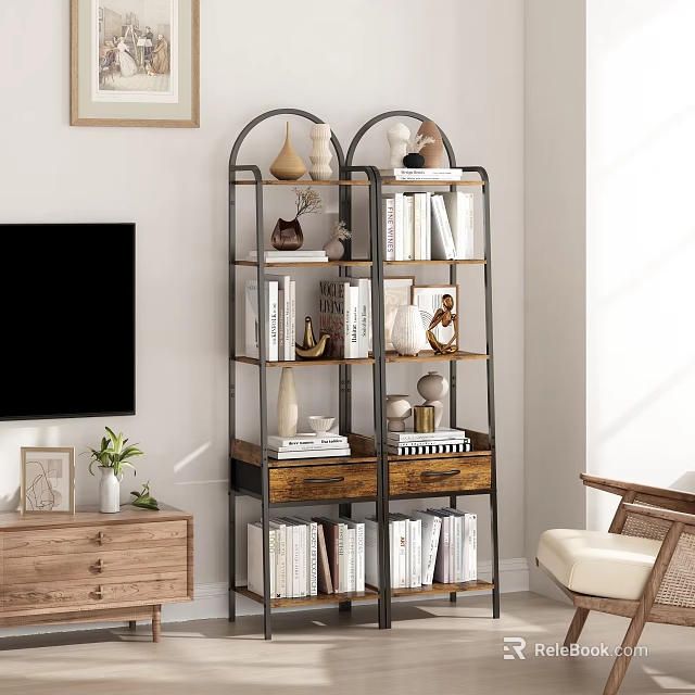 Modern Living Room Metal Frame Shelving Unit With Books Decorative Items And Drawers 3d model 