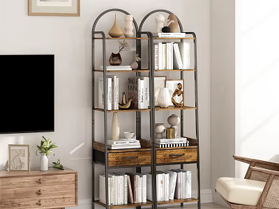 Modern Living Room Metal Frame Shelving Unit With Books Decorative Items And Drawers 3d model