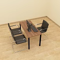 Brown Wooden Office Desk With Computer Monitor Mouse Phone Black Chair And Blue Pink Folders
