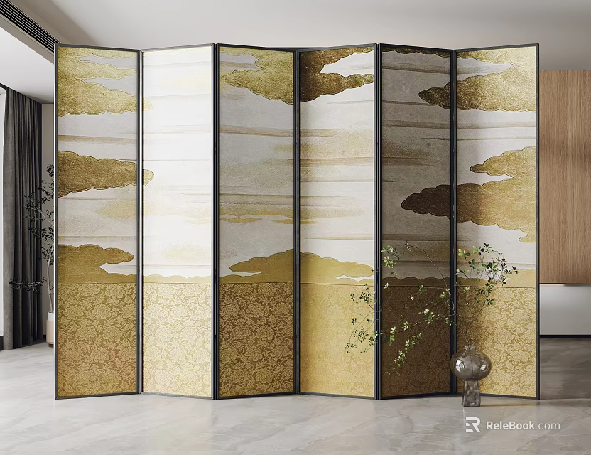 Elegant Luxurious Folding Screen with Golden Cloud Patterns and Black Frame in Modern Interior 3d model 