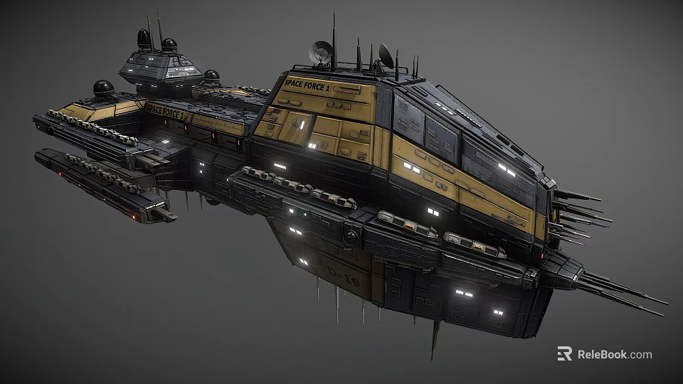 Futuristic Yellow And Black Spaceship Featuring Antennas Windows Illuminated Lights And Mechanical Structures 3d model 