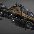 Futuristic Yellow And Black Spaceship Featuring Antennas Windows Illuminated Lights And Mechanical Structures