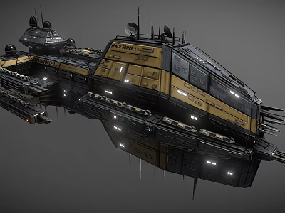 Futuristic Yellow And Black Spaceship Featuring Antennas Windows Illuminated Lights And Mechanical Structures 3d model