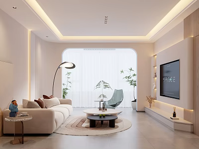 Modern Living Dining Room Interior Design With Beige Sofa Floor Lamp Round Rug Green Plants 3d model