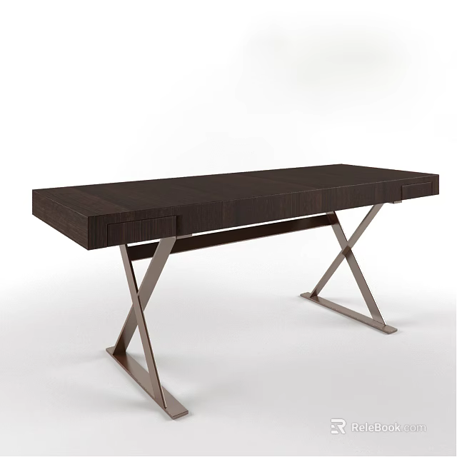Modern Wooden Desk With Metal X Shaped Legs And Drawer Compartment 3d model 