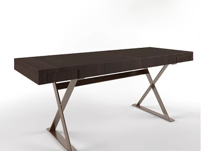 Modern Wooden Desk With Metal X Shaped Legs And Drawer Compartment 3d model