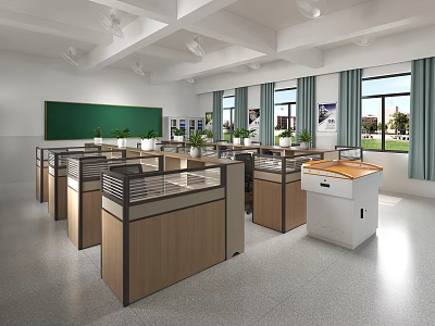 Modern Public Office Interior With Cubicles Desks Windows And Green Plants 3d model