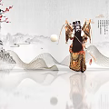 Traditional Peking Opera Character In Chinese Style Ink Painting With Plum Blossoms Moon And Clouds