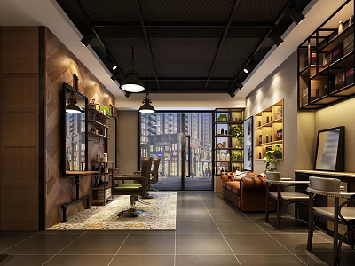 Modern Hair Salon Interior Design With Wooden Walls Dark Ceiling And Barber Chairs 3d model