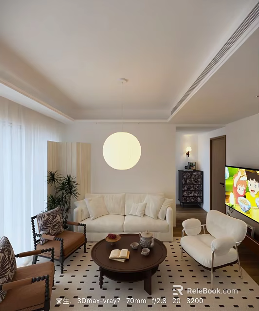 Bright Warm Stylish Living Room With Soft White Sofa Round Pendant Light And Comfortable Seating 3d model 