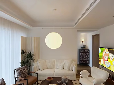 Bright Warm Stylish Living Room With Soft White Sofa Round Pendant Light And Comfortable Seating 3d model