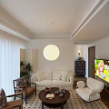 Bright Warm Stylish Living Room With Soft White Sofa Round Pendant Light And Comfortable Seating