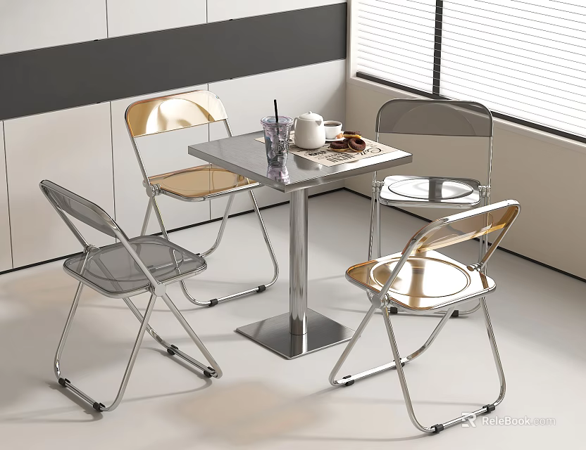 Modern Indoor Table And Chairs Set With Square Top Transparent Seats And Metallic Frame 3d model 